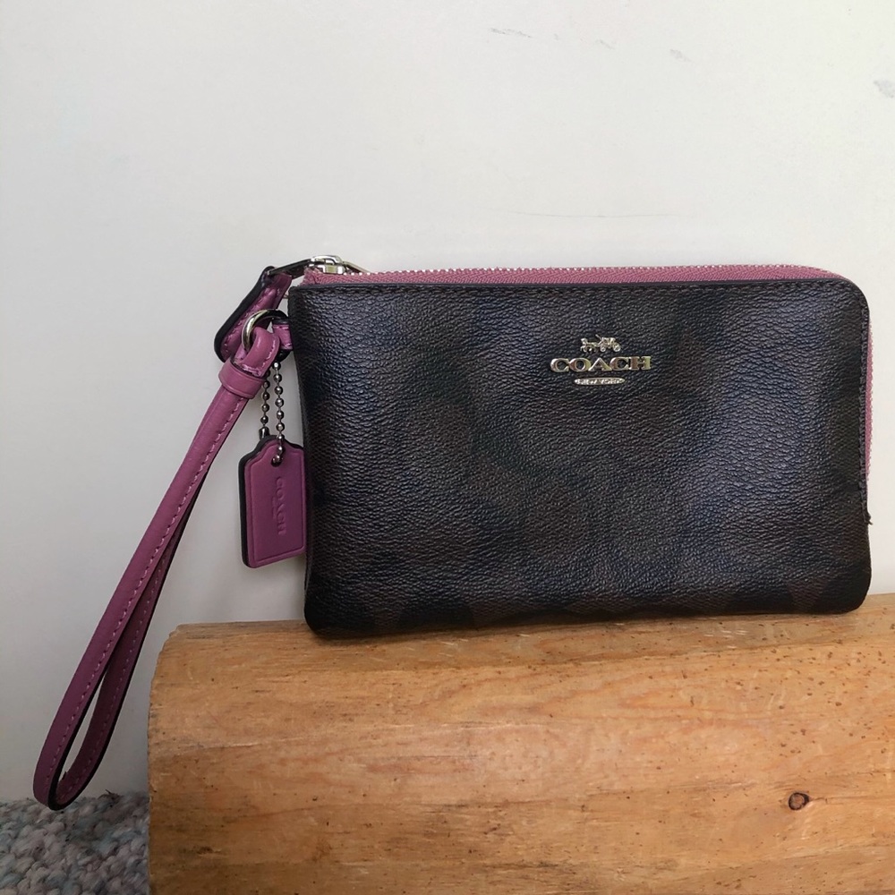 COACH brown and pink wristlet clutch wallet